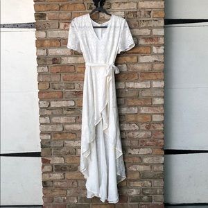 High-low, faux wrap dress white w/ gold detail